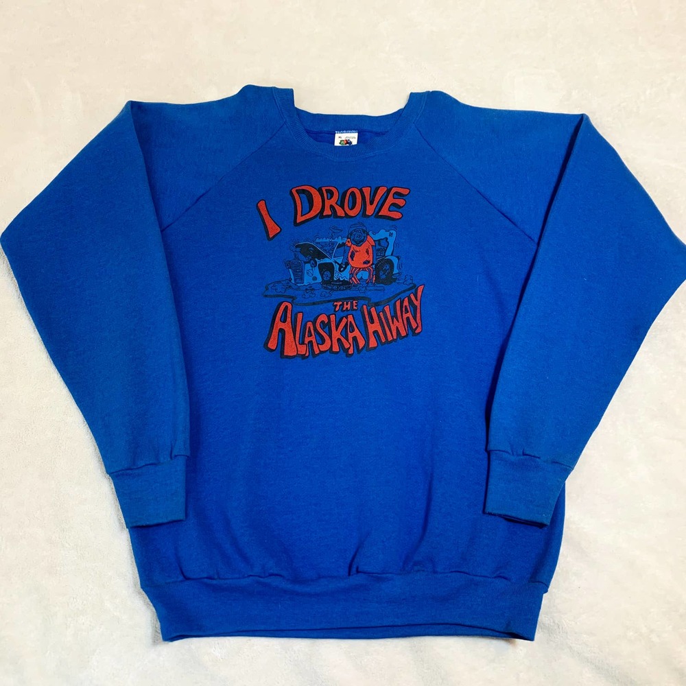 VTG 80's I Drove Alaska Hiway Goofy Blue Crewneck Sweatshirt Sz XL